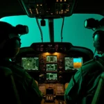 Cockpit d'hélicoptère militaire de nuit avec écrans tactiques et pilotes équipés de lunettes de vision nocturne