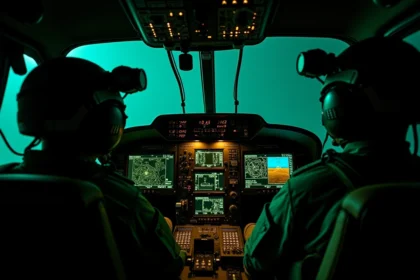 Cockpit d'hélicoptère militaire de nuit avec écrans tactiques et pilotes équipés de lunettes de vision nocturne
