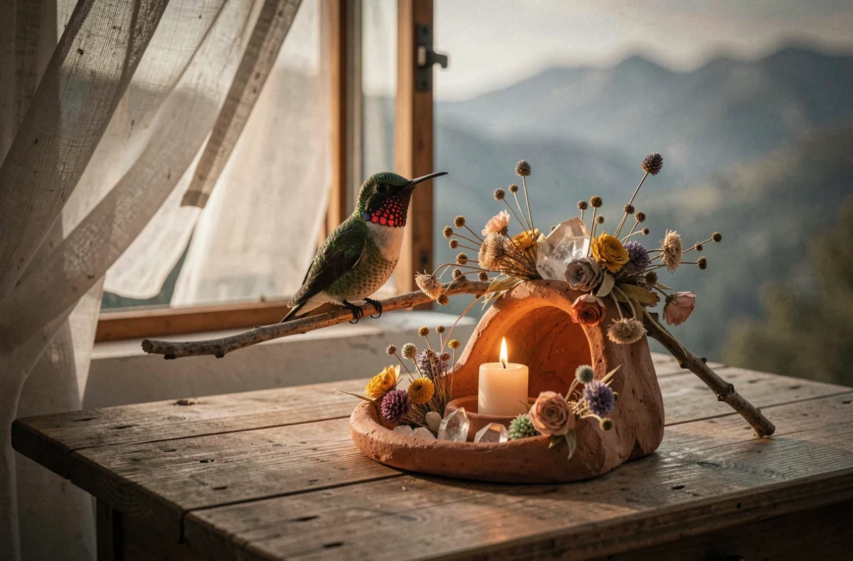 Colibri perché près d'un autel spirituel avec cristaux et fleurs séchées, évoquant la symbolique du colibri comme messager spirituel