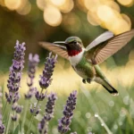 Colibri à gorge rubis en vol stationnaire près d'une fleur de lavande violette, symbolisant la spiritualité et la légèreté dans la nature