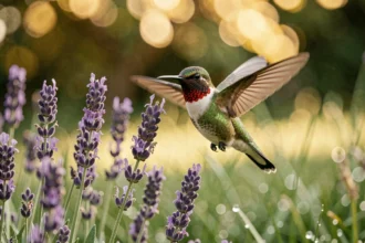 Colibri à gorge rubis en vol stationnaire près d'une fleur de lavande violette, symbolisant la spiritualité et la légèreté dans la nature
