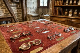 Collection de lunettes antiques du XVIIIe et XIXe siècle disposées sur du velours dans un atelier d'opticien breton historique