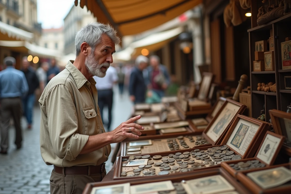 Collectionneur passionné présentant des pièces rares et cartes postales anciennes sur un marché aux antiquités