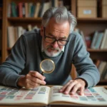 Collectionneur de timbres vintage examinant son album avec une loupe sur un bureau en bois