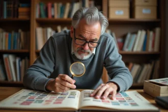 Collectionneur de timbres vintage examinant son album avec une loupe sur un bureau en bois