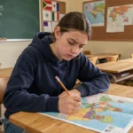 Collégienne étudiant une carte du monde dans une salle de classe, quiz géographique sur les pays commençant par F