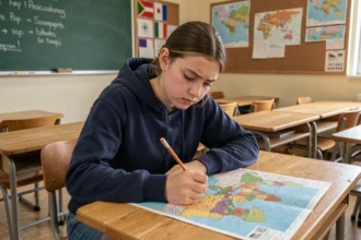 Collégienne étudiant une carte du monde dans une salle de classe, quiz géographique sur les pays commençant par F