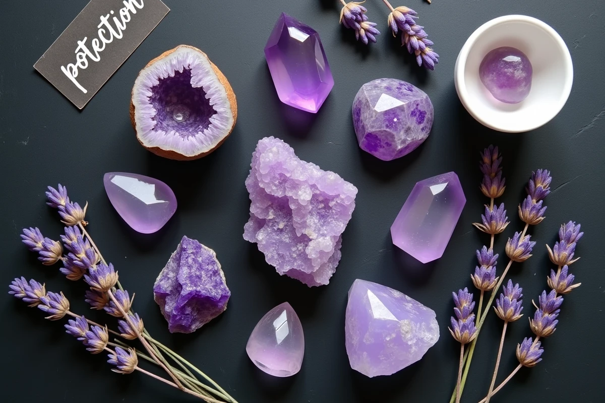 Composition à plat de pierres précieuses violettes incluant améthyste, charoïte et lépidolite sur ardoise, cristaux de protection énergétique
