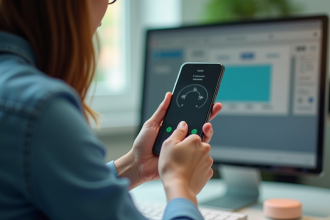 Personne configurant un smartphone par commande vocale dans un espace lumineux