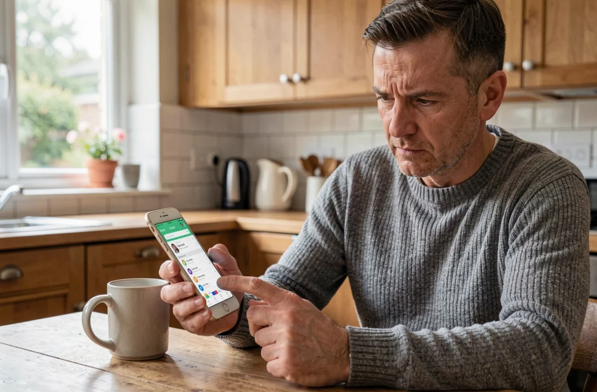 Homme consultant l'annuaire téléphonique 118 712 sur smartphone depuis sa cuisine à domicile