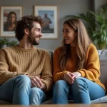 Deux jeunes adultes discutent sur un canapé moderne