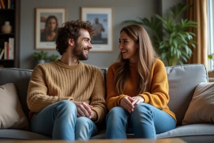 Deux jeunes adultes discutent sur un canapé moderne