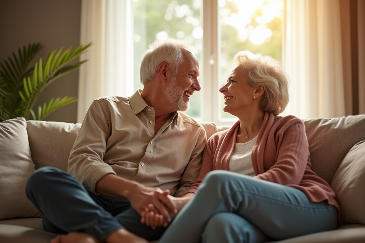 Couple mature souriant dans un salon lumineux