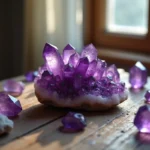 Amas de cristaux d'améthyste violette disposés sur une surface en bois, pierres précieuses brutes pour la protection énergétique