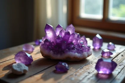 Amas de cristaux d'améthyste violette disposés sur une surface en bois, pierres précieuses brutes pour la protection énergétique
