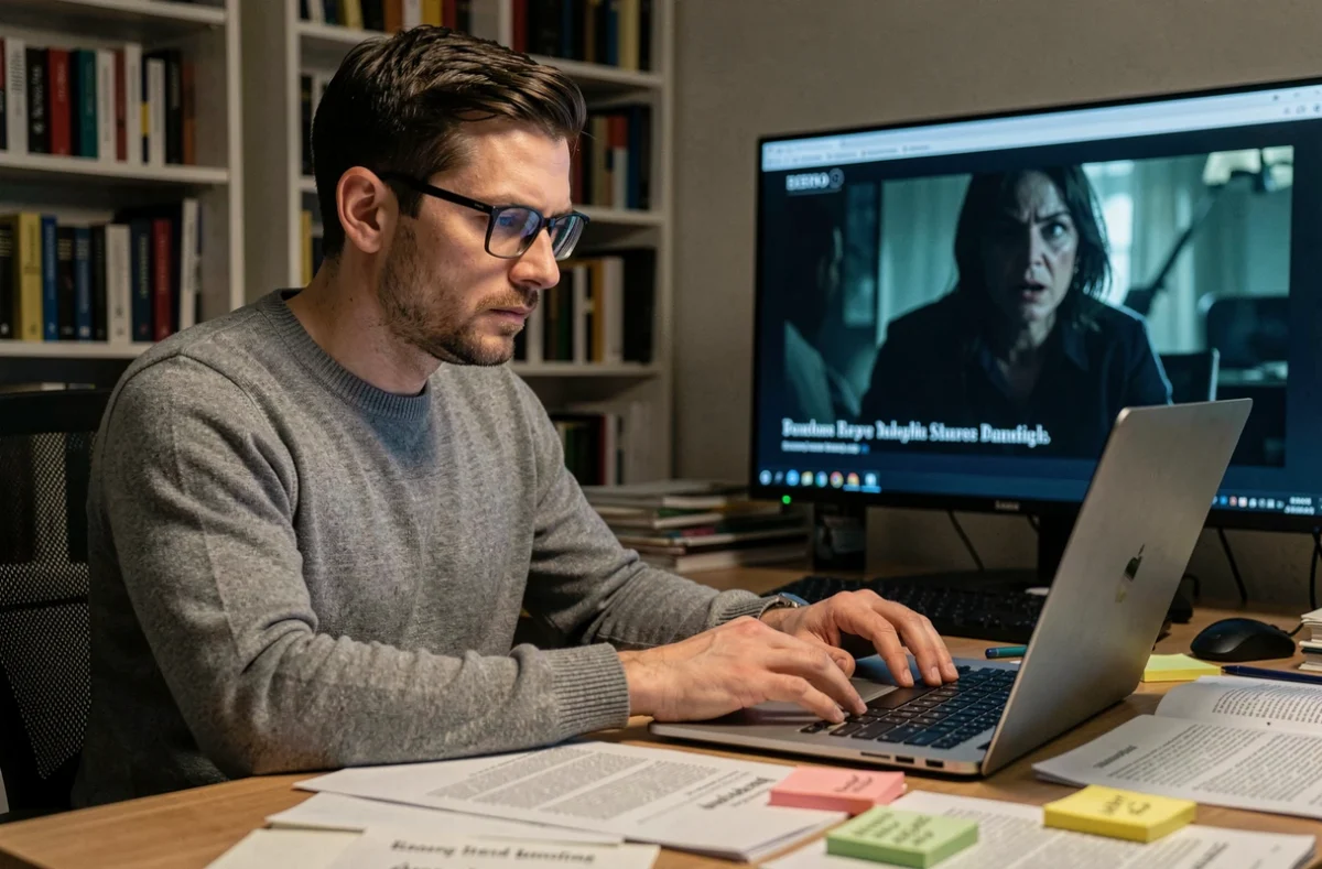 Critique de cinéma masculin concentré à son bureau analysant un film d'horreur sur ordinateur, entouré de notes et scénarios imprimés dans un bureau à domicile