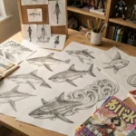Croquis détaillés de design inspiré du requin et de la féminité sur un bureau d'artiste conceptuel, référence au personnage de Hallibel