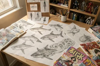 Croquis détaillés de design inspiré du requin et de la féminité sur un bureau d'artiste conceptuel, référence au personnage de Hallibel