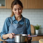 Femme en tablier bleu examine une casserole en cuisine moderne