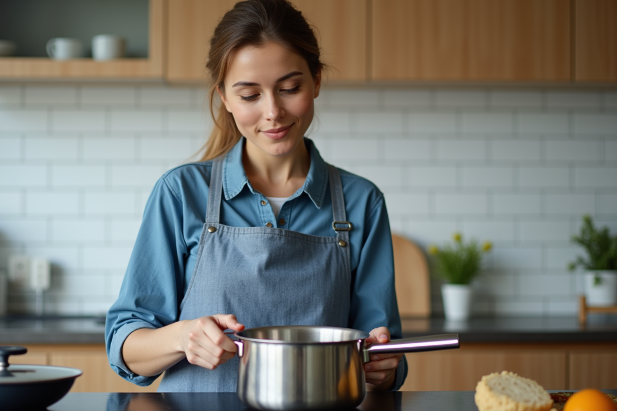 Femme en tablier bleu examine une casserole en cuisine moderne