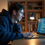 Joueur débutant entrant un code promo dans le jeu Whiteout Survival sur un ordinateur portable dans un bureau à domicile