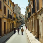 Rue typique de Marseille avec immeubles partiellement abandonnés et habitants âgés marchant sur le trottoir, illustrant le déclin démographique de la ville