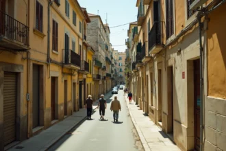 Rue typique de Marseille avec immeubles partiellement abandonnés et habitants âgés marchant sur le trottoir, illustrant le déclin démographique de la ville