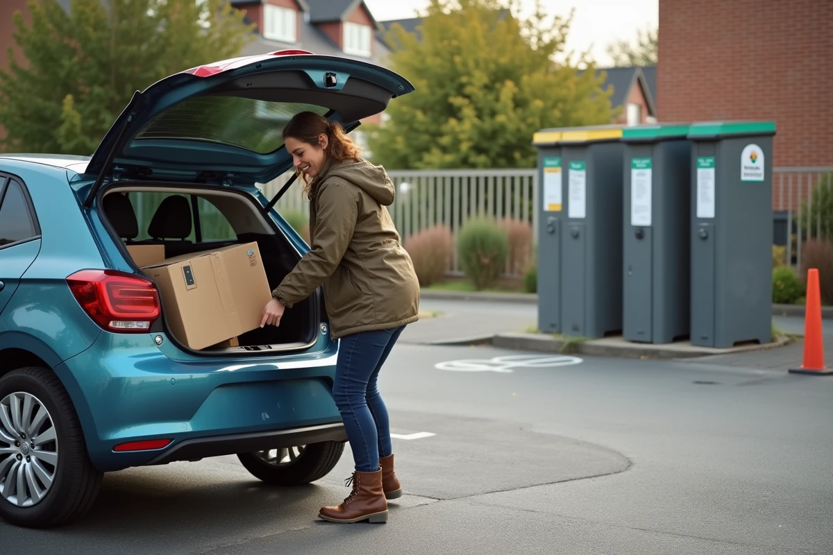 Femme déposant des cartons et appareils usagés dans une déchetterie de quartier depuis le coffre de sa voiture