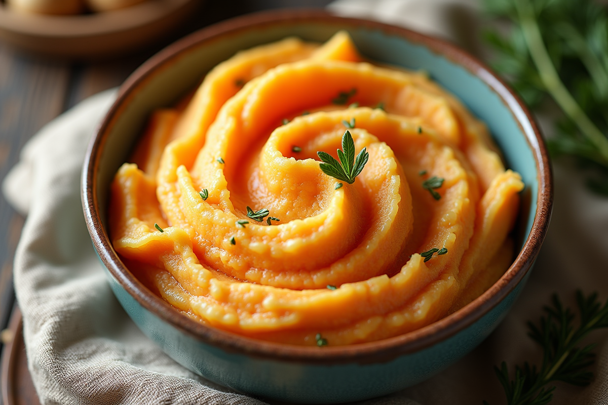 Zoom sur la texture de la purée de carottes et pommes de terre