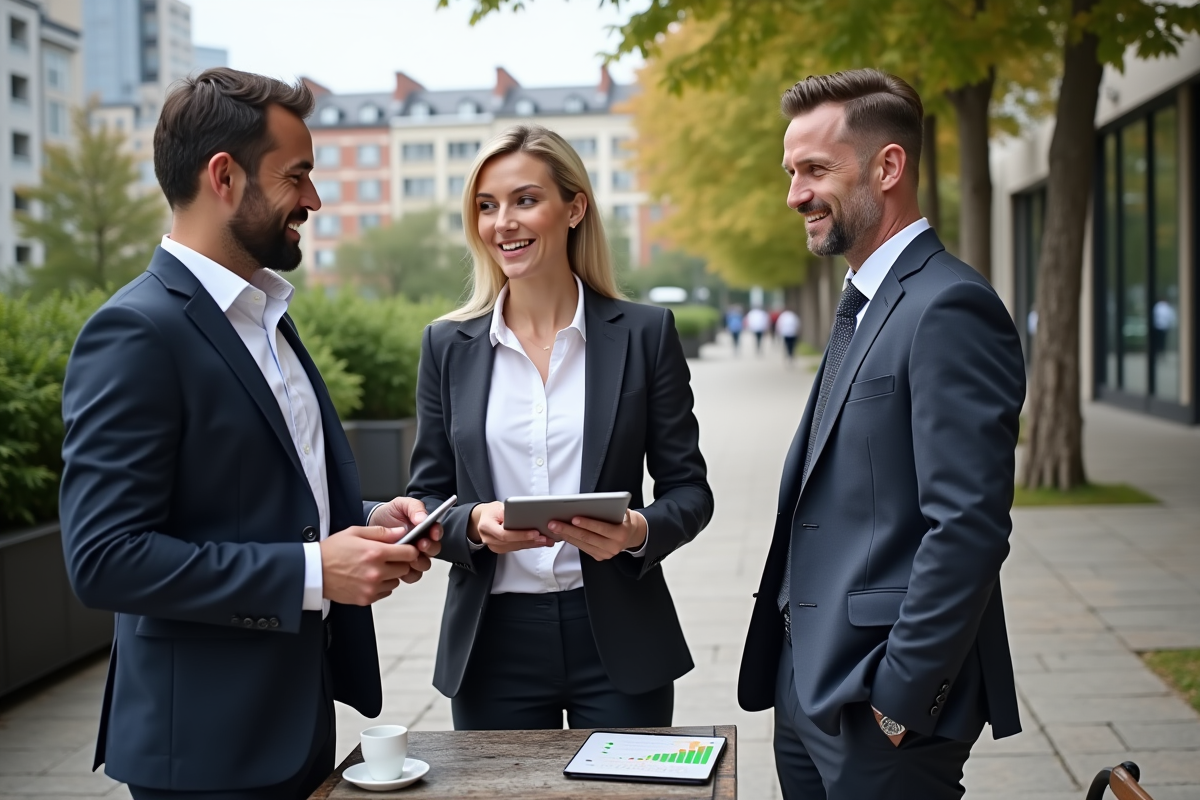 Groupe de professionnels discutant autour d un café en extérieur