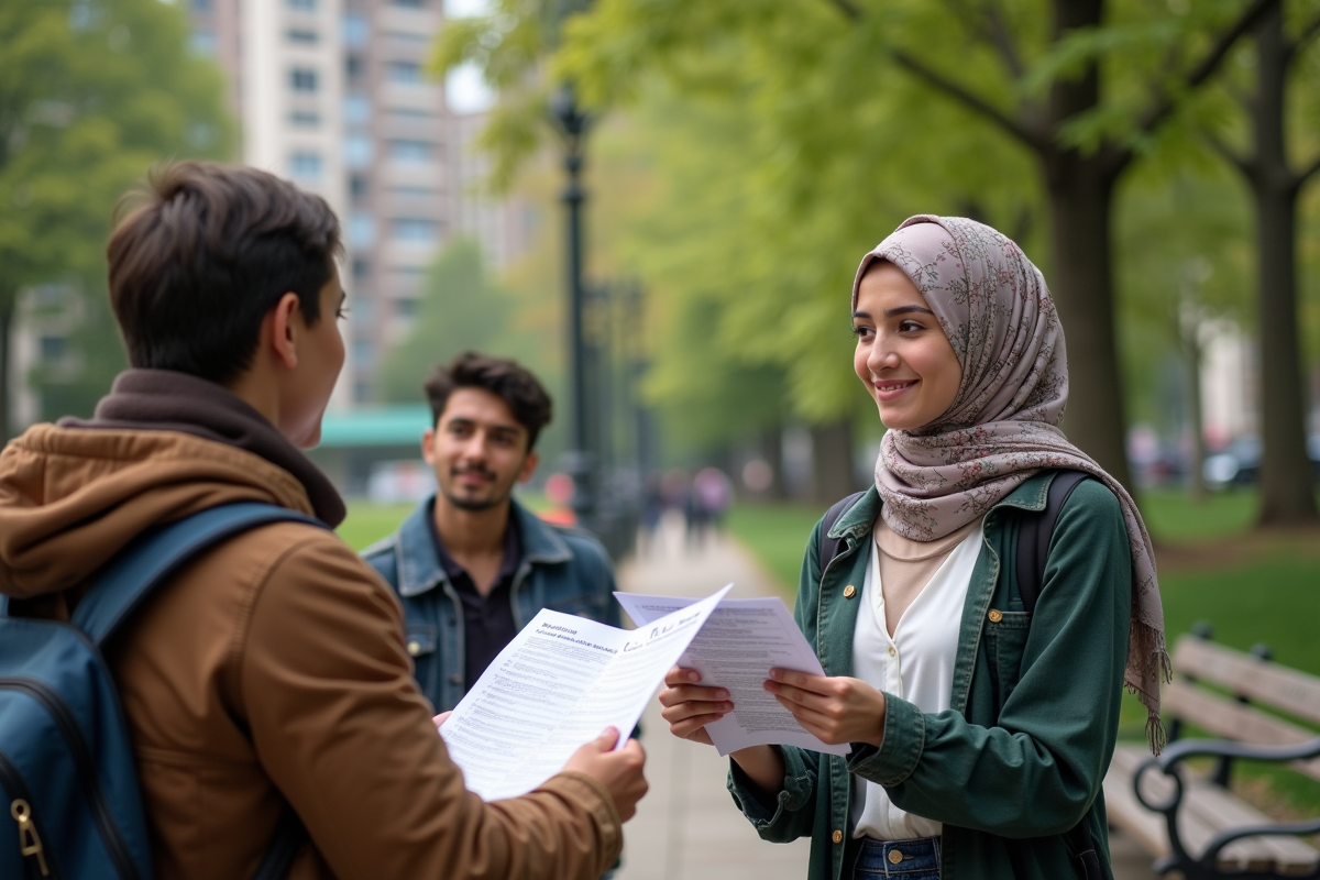 Jeune femme distribuant des flyers dans un parc urbain