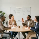Groupe de collègues d'origines diverses en réunion respectueuse autour d'une table de bureau moderne