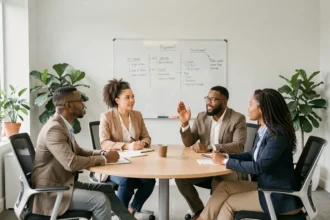 Groupe de collègues d'origines diverses en réunion respectueuse autour d'une table de bureau moderne
