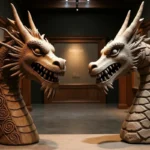 Comparaison entre une tête de dragon viking en bois sculpté et un dragon médiéval européen en pierre exposés dans un musée