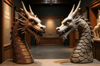 Comparaison entre une tête de dragon viking en bois sculpté et un dragon médiéval européen en pierre exposés dans un musée