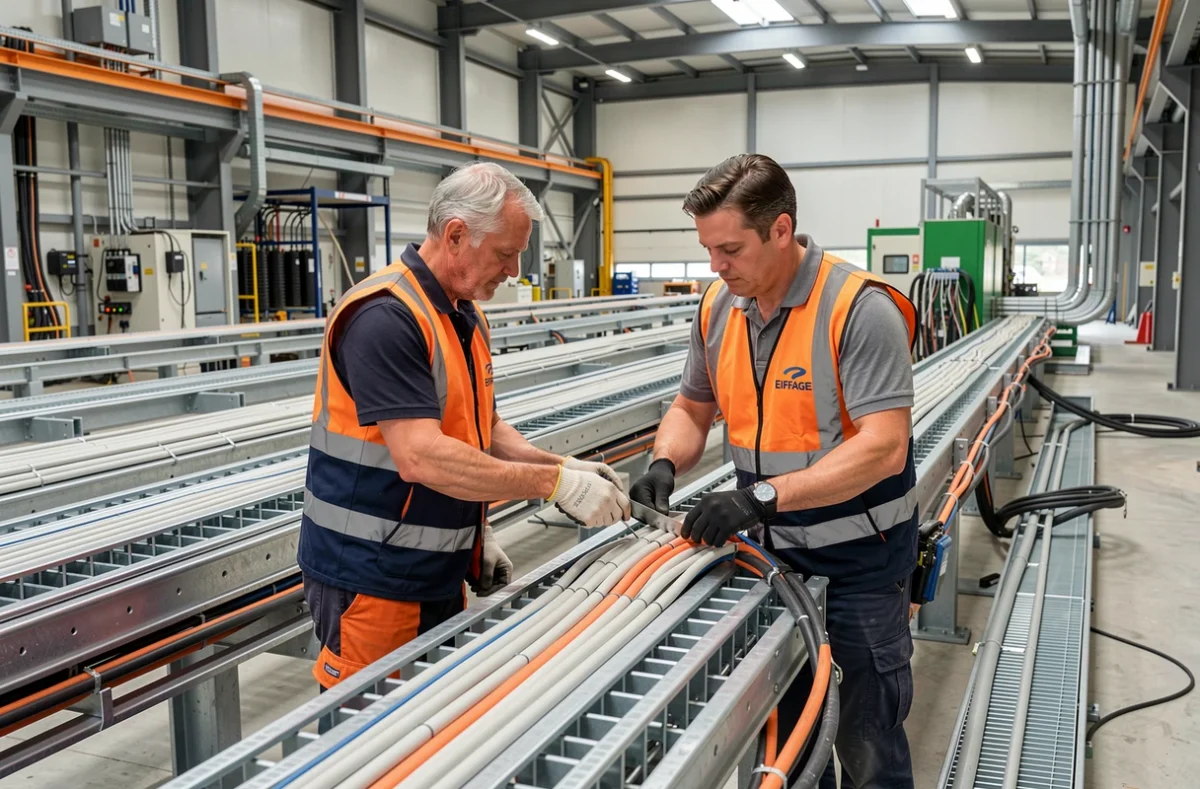 Techniciens Eiffage Énergie Systèmes travaillant sur une installation électrique industrielle dans les Hauts-de-France