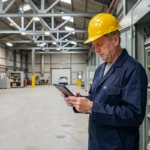 Électricien professionnel dans les Hauts-de-France consultant une tablette devant un tableau électrique industriel