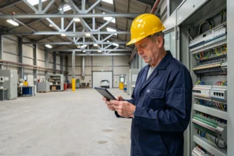Électricien professionnel dans les Hauts-de-France consultant une tablette devant un tableau électrique industriel