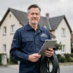 Électricien professionnel en Moselle tenant une tablette et un câble devant un bâtiment résidentiel