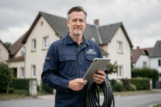 Électricien professionnel en Moselle tenant une tablette et un câble devant un bâtiment résidentiel
