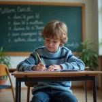 Jeune collégien en classe écrivant dans un cahier