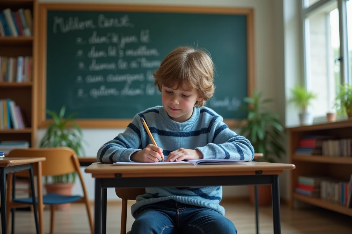 Jeune collégien en classe écrivant dans un cahier