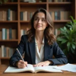 Jeune femme élégante assise dans une bibliothèque personnelle entourée de livres ouverts, illustrant les confidences et anecdotes sur Emma Watson