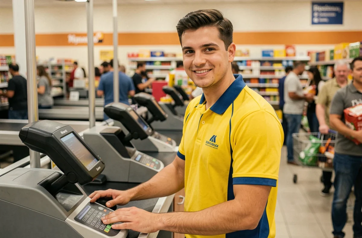 Employé en uniforme souriant à la caisse d'un supermarché Lidl dans le 20e arrondissement de Paris