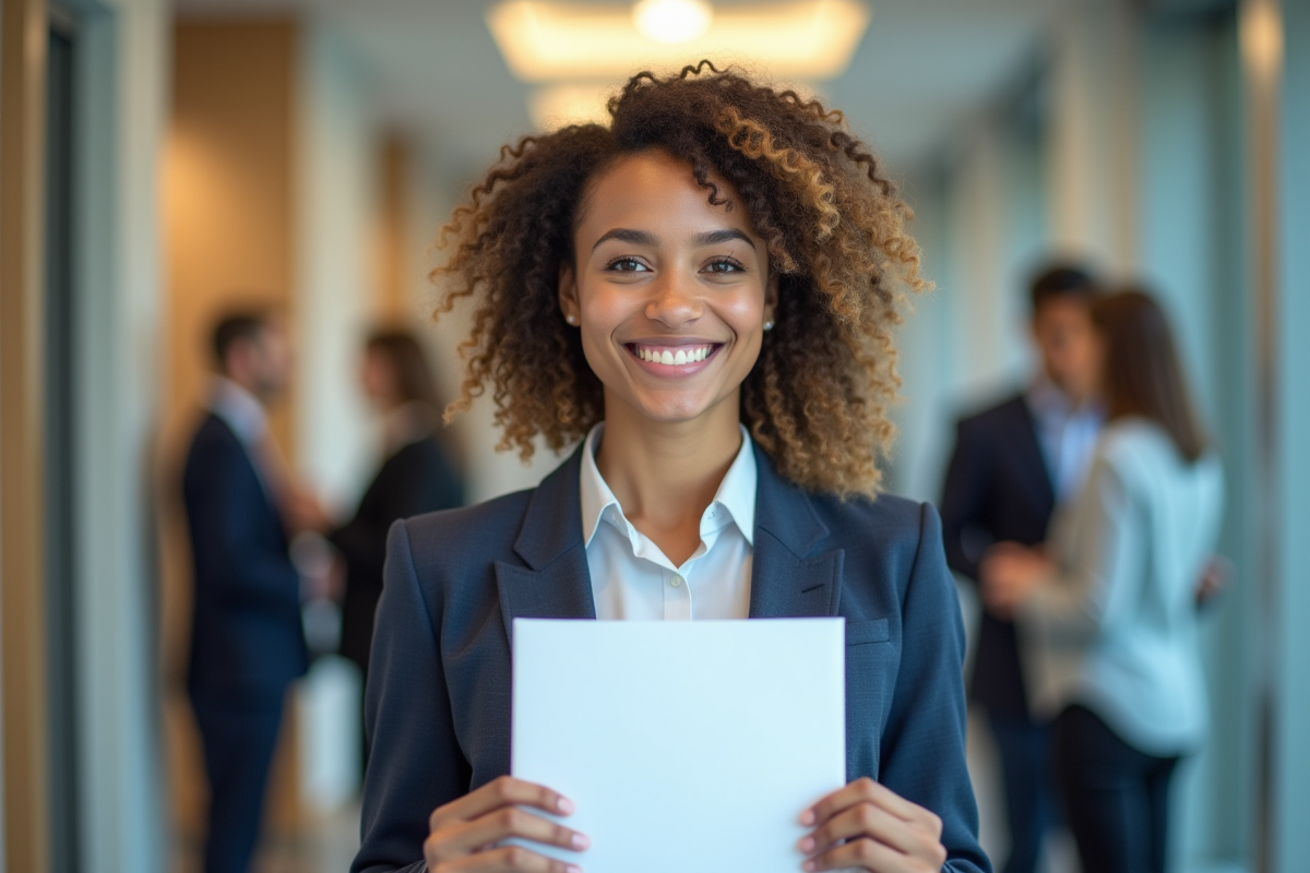 Employe souriant tenant une invitation a un evenement