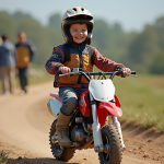 Enfant de 6 ans en motocross souriant fièrement