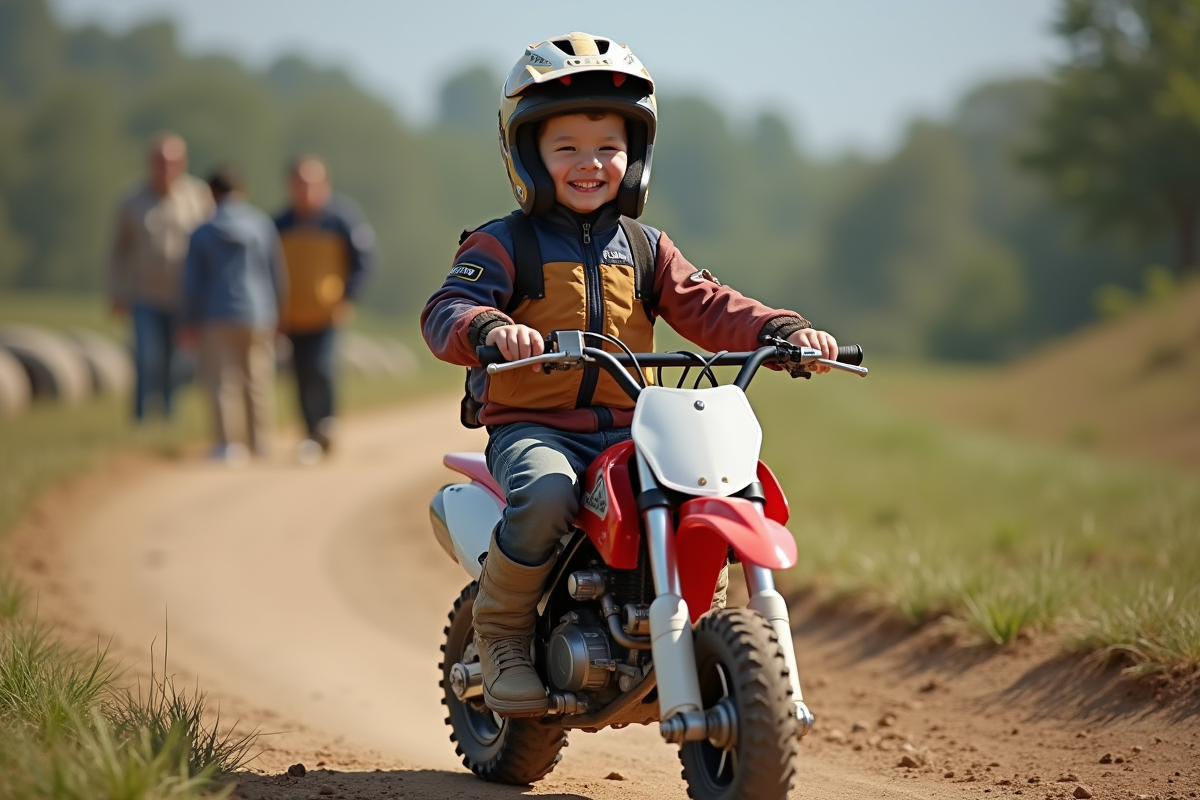 Enfant de 6 ans en motocross souriant fièrement