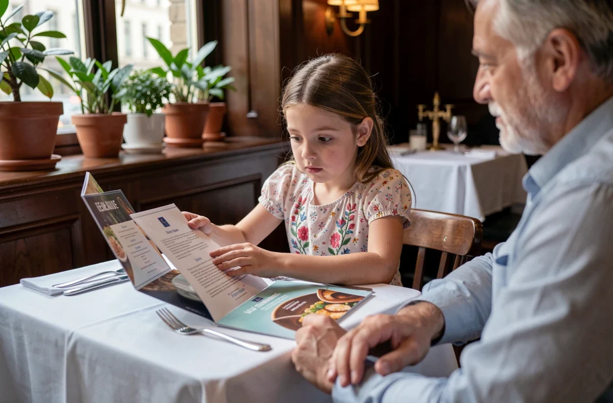 Petite fille lisant un menu dans un restaurant avec ses parents, initiation à la gastronomie en famille