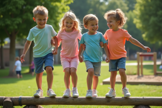 Groupe d'enfants jouant sur une aire de jeux en plein air