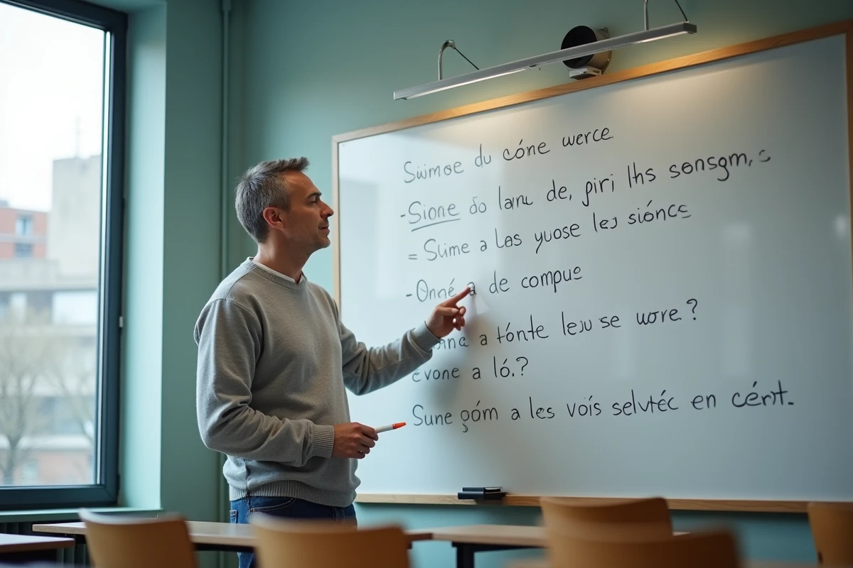 Enseignant expliquant une règle grammaticale française devant un tableau blanc avec des exemples d'accords